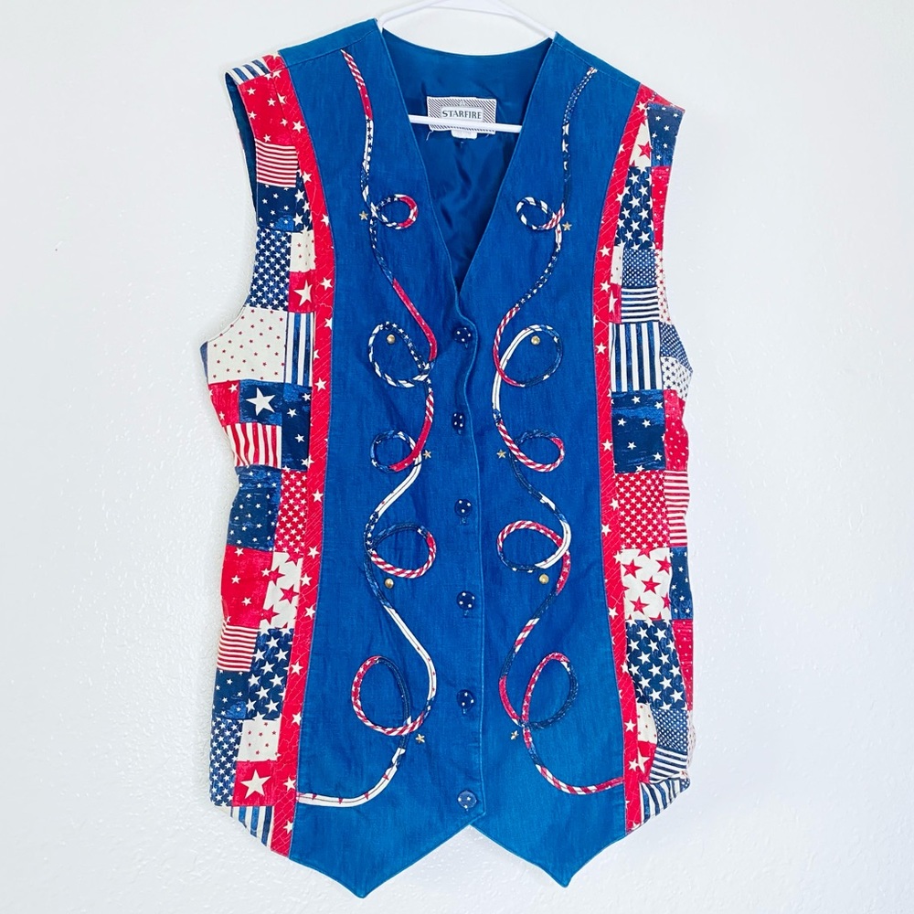 🍓 Starfire Vintage Denim Quilted Patchwork Patriotic Western Studded Vest 16